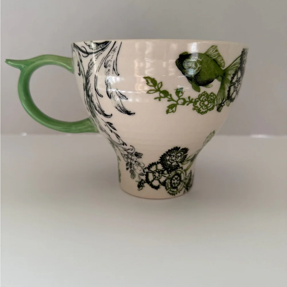Anthropologie Menagerie Green Floral Fish Pedestal Coffee/Tea Mug - Picture 10 of 14